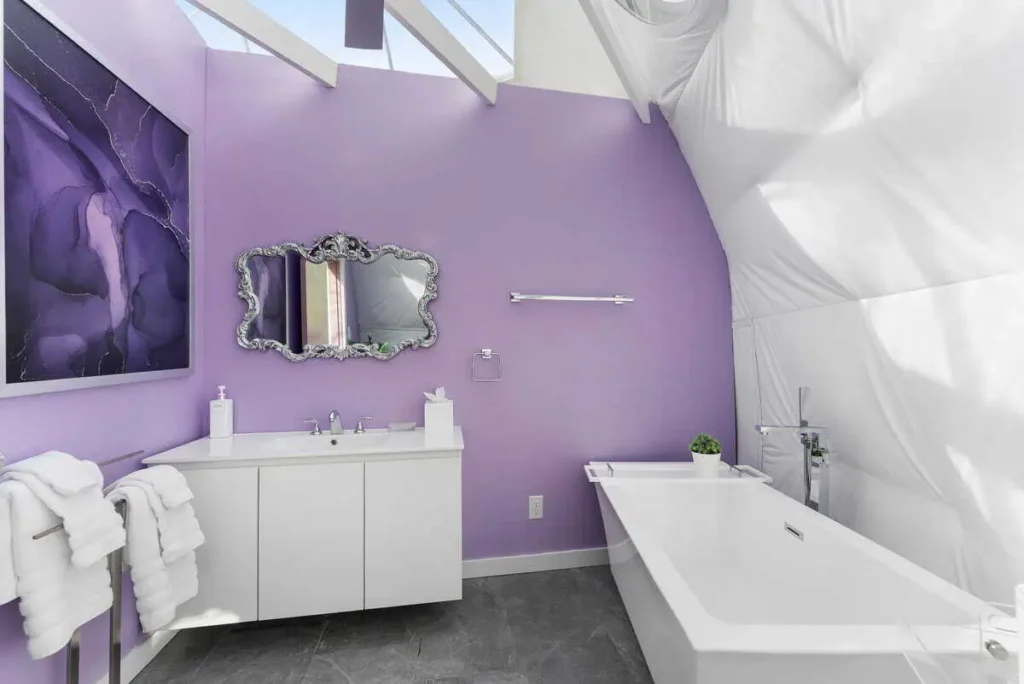 Modern bathroom interior in the Escape Velocity dome, featuring purple walls, a freestanding bathtub, stylish mirror, and contemporary fixtures.