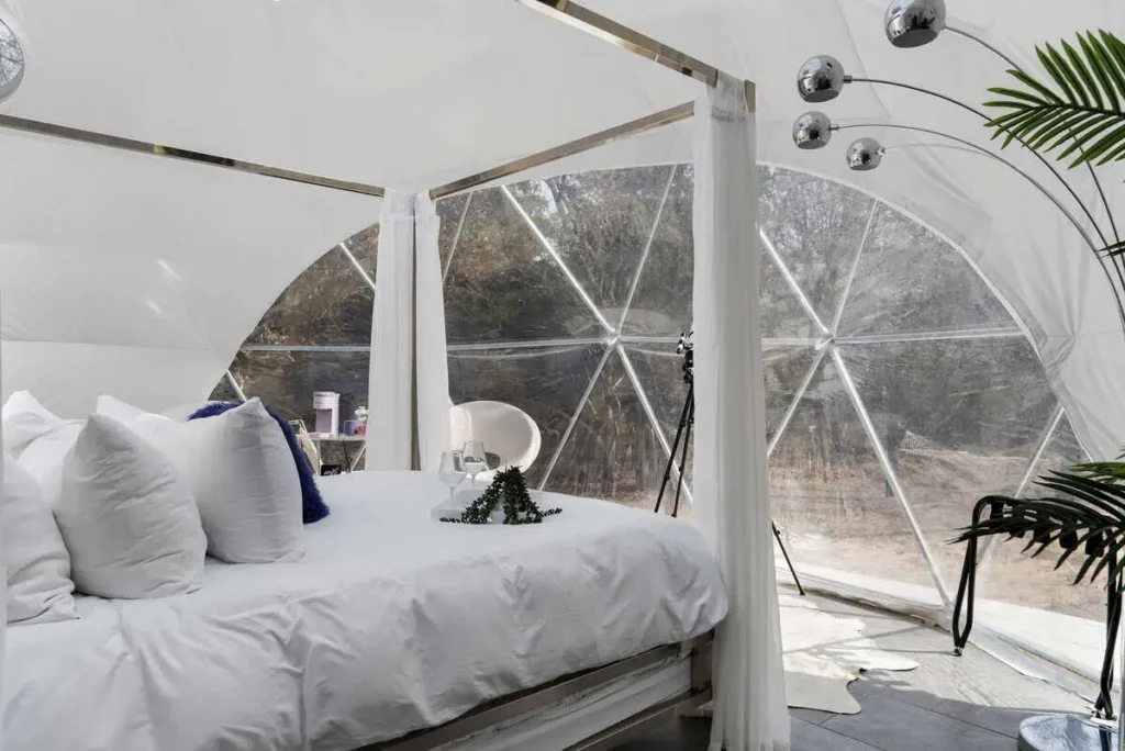 Interior view of the Escape Velocity dome featuring a cozy bed with plush pillows, modern decor, and large transparent windows showcasing the scenic surroundings, emphasizing a unique glamping experience.