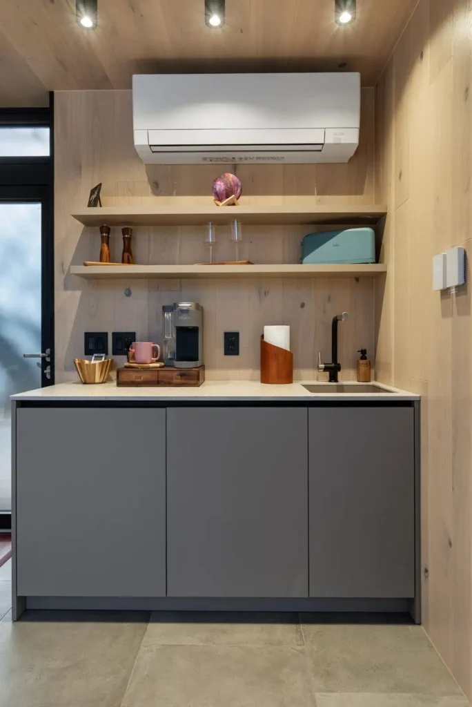 Modern kitchen area featuring air conditioning unit, wooden shelves with kitchenware, microwave, mini fridge, and Keurig coffee machine, designed for the Cosmic Cube accommodation at All Is Well.